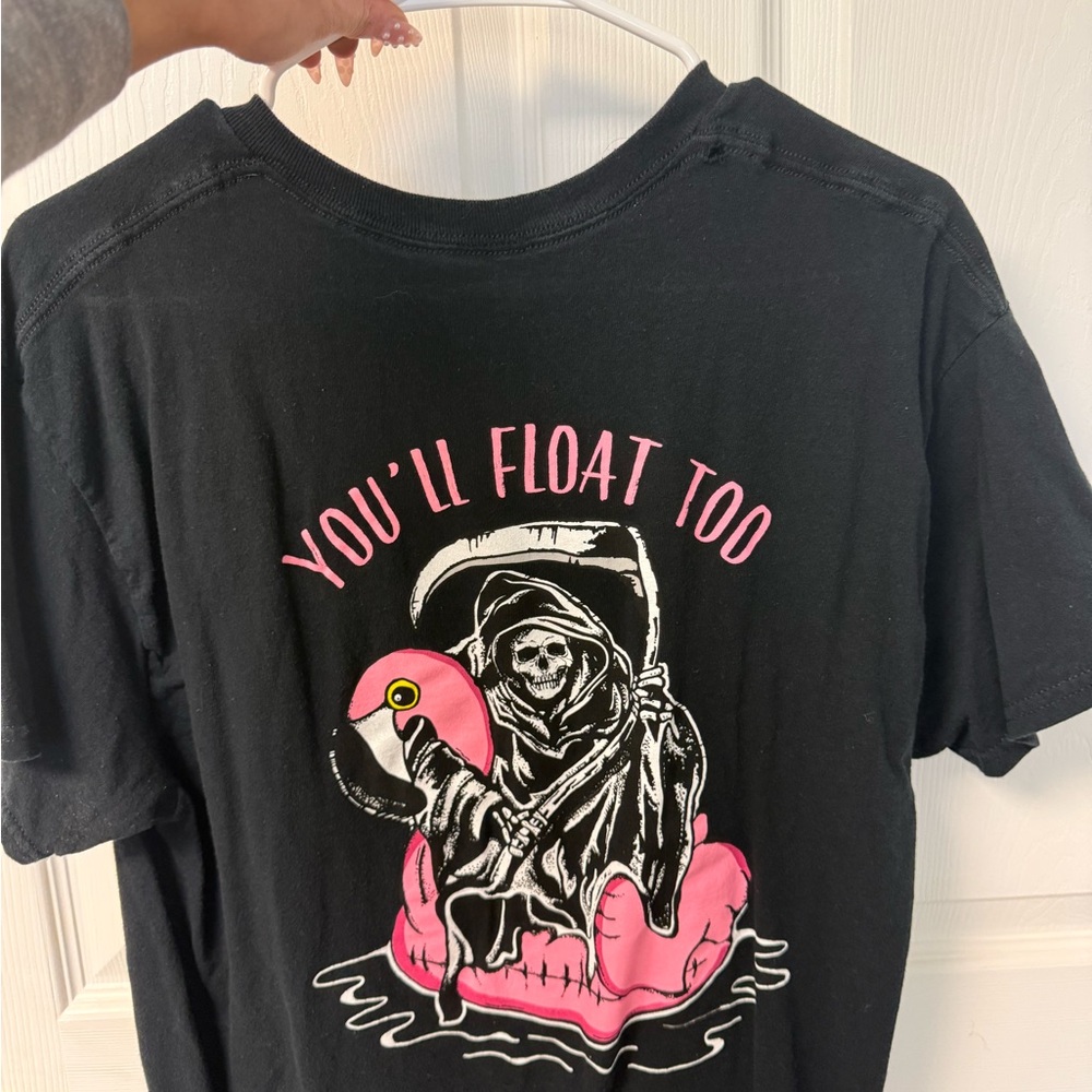 Black Graphic Tee with Pink Flamingo Design